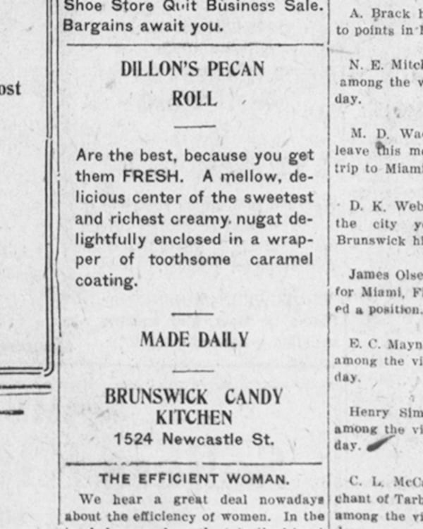 In November 1921, George Dillon placed an ad in the Brunswick News promoting Dillon’s Pecan Rolls sold at Brunswick Candy Kitchen and made fresh daily.
(Courtesy of Dillon Candy Company)