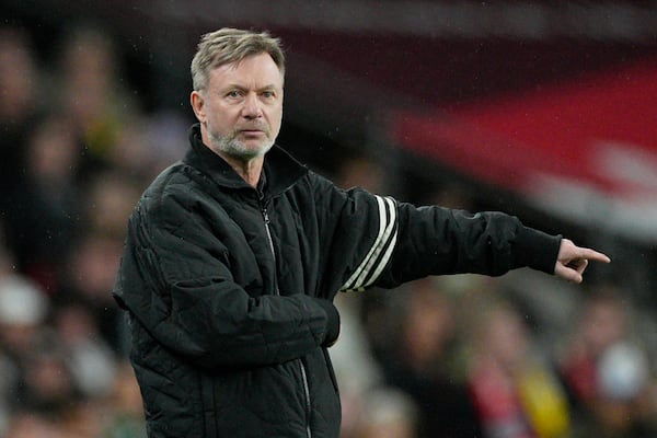FILE - Sweden's head coach Peter Gerhardsson gestures during the Euro 2025 group A3 qualifying soccer match between England and Sweden at the Wembley stadium in London, Friday, April 5, 2024. (AP Photo/Dave Shopland, File)