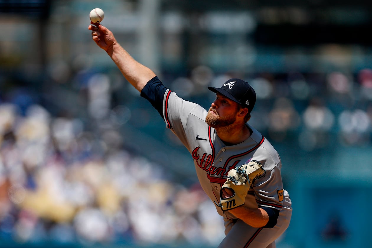 Braves starting pitcher Bryce Elder — pictured against the Dodgers in May — allowed six earned runs on 10 hits and two walks Sunday, June 14, 2026, against the Mets and has a 7.20 ERA over his last four starts. (Caroline Brehman/AP)