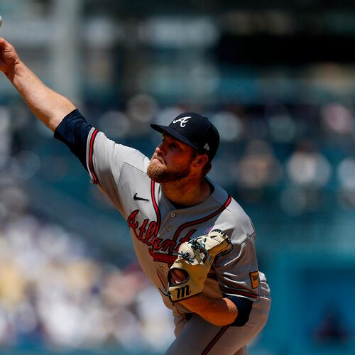 Atlanta Braves starting pitcher Bryce Elder delivers to the plate during the first inning of a baseball game against the Los Angeles Dodgers, Sunday, May 10, 2026, in Los Angeles. (AP Photo/Caroline Brehman)