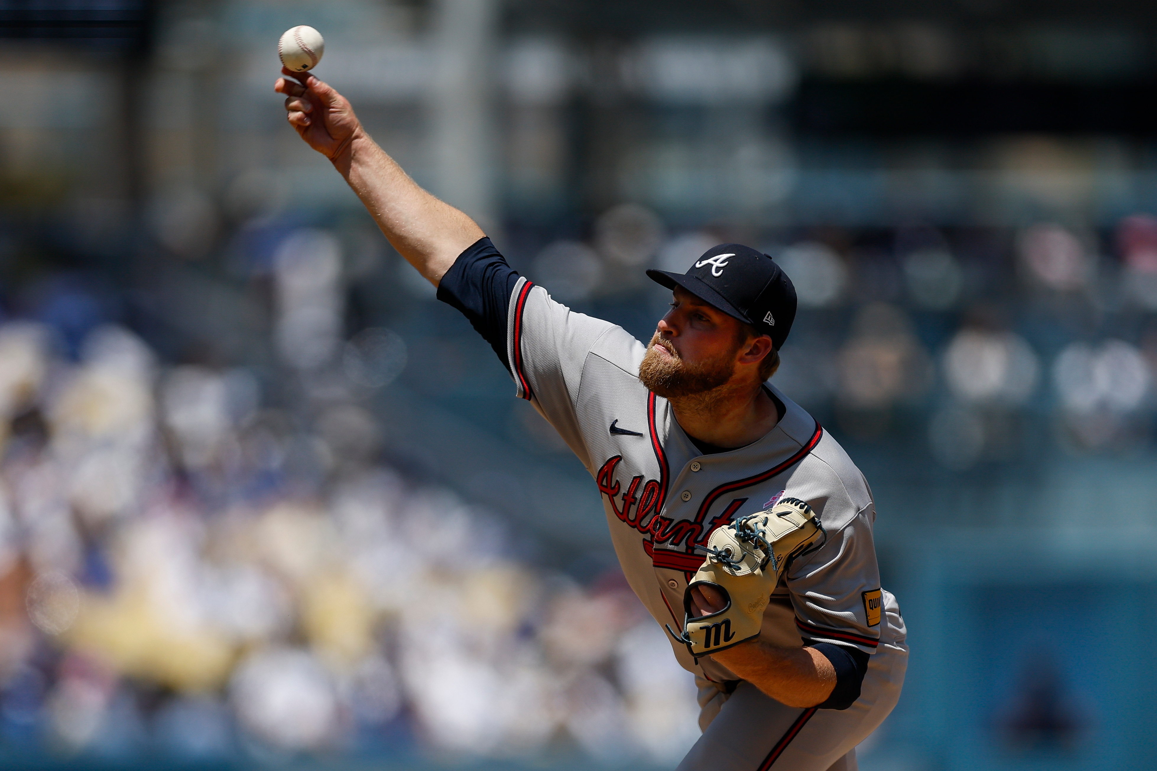 Braves starting pitcher Bryce Elder — pictured against the Dodgers in May — allowed six earned runs on 10 hits and two walks Sunday, June 14, 2026, against the Mets and has a 7.20 ERA over his last four starts. (Caroline Brehman/AP)