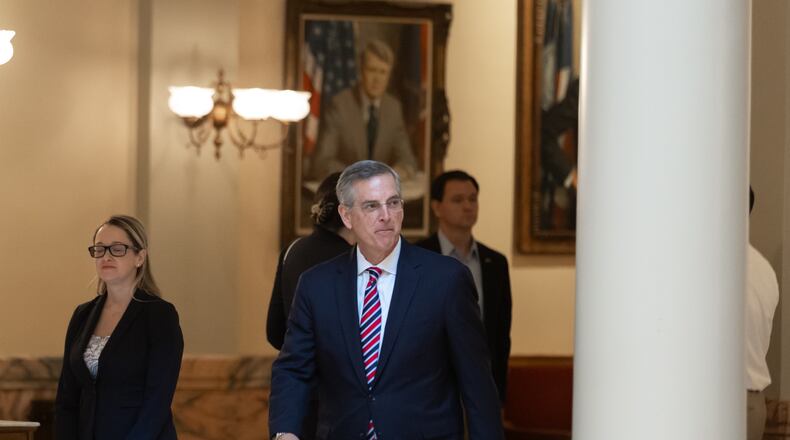 Secretary of State, Brad Raffensperger attended Monday's press conference at the Georgia Capitol. The presidential election in Georgia should not face any major delays or disruptions because of damage from Hurricane Helene, state elections officials said. (John Spink/AJC)
