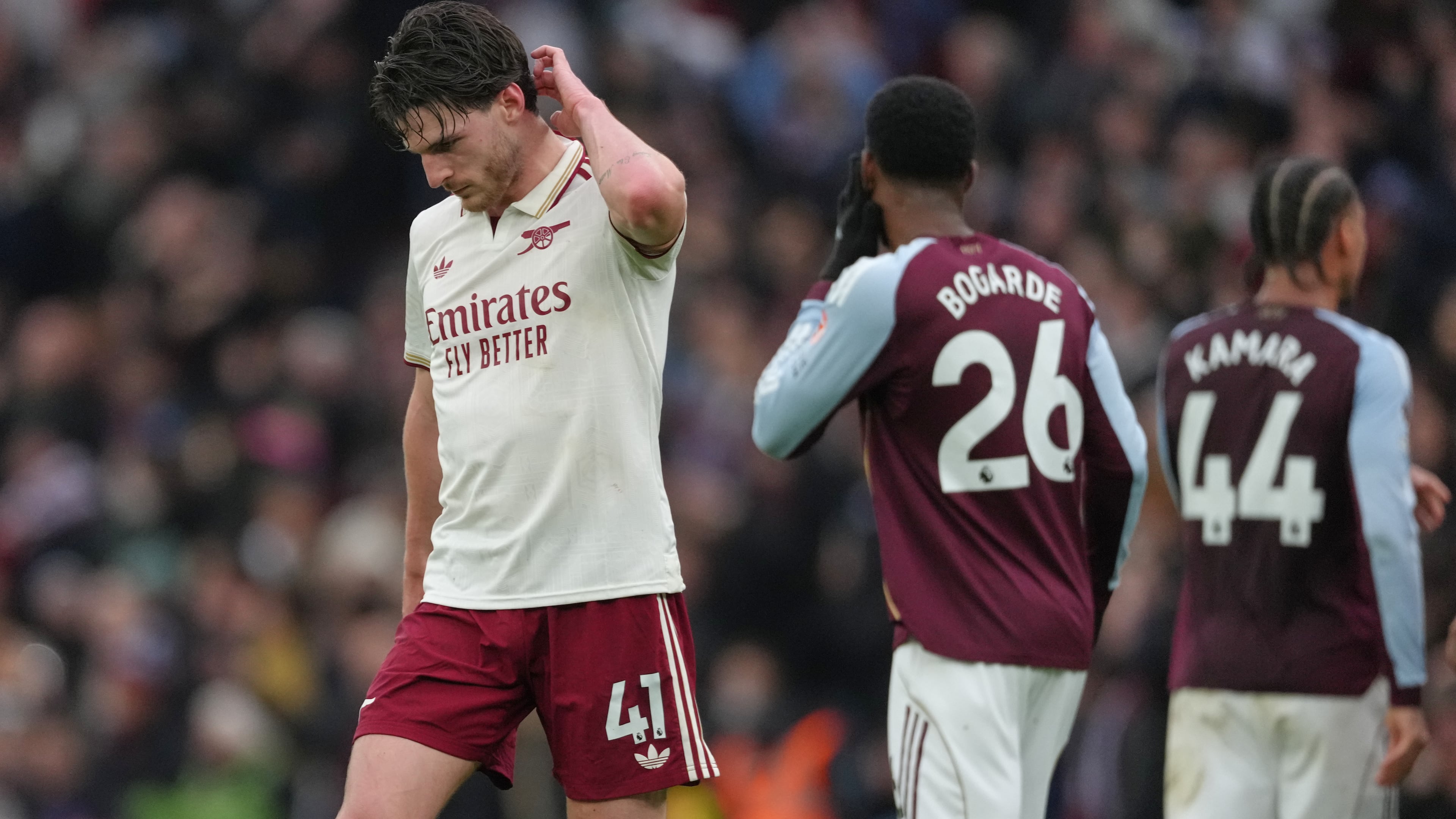 Arsenal's Declan Rice reacts after the English Premier League soccer match between Aston Villa and Arsenal in Birmingham, England, Saturday, Dec. 6, 2025. (AP Photo/Dave Shopland)