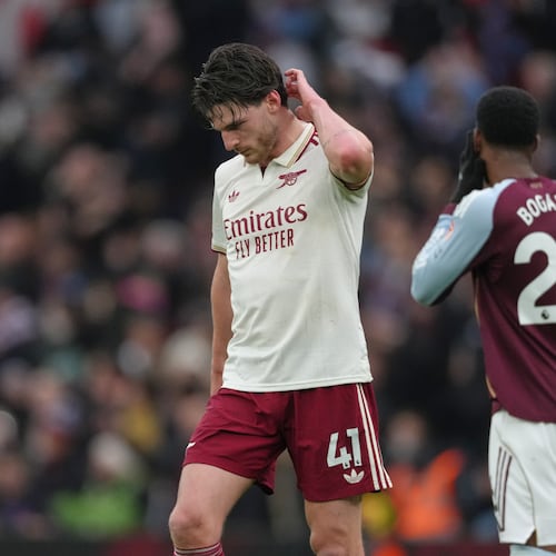 Arsenal's Declan Rice reacts after the English Premier League soccer match between Aston Villa and Arsenal in Birmingham, England, Saturday, Dec. 6, 2025. (AP Photo/Dave Shopland)