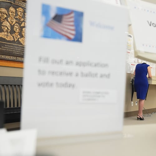 A voter fills out paperwork before casting a ballot on the first day of early voting in Minnesota at Maplewood City Hall, Friday, Sept. 18, 2026, in Maplewood, Minn. (AP Photo/Ellen Schmidt)