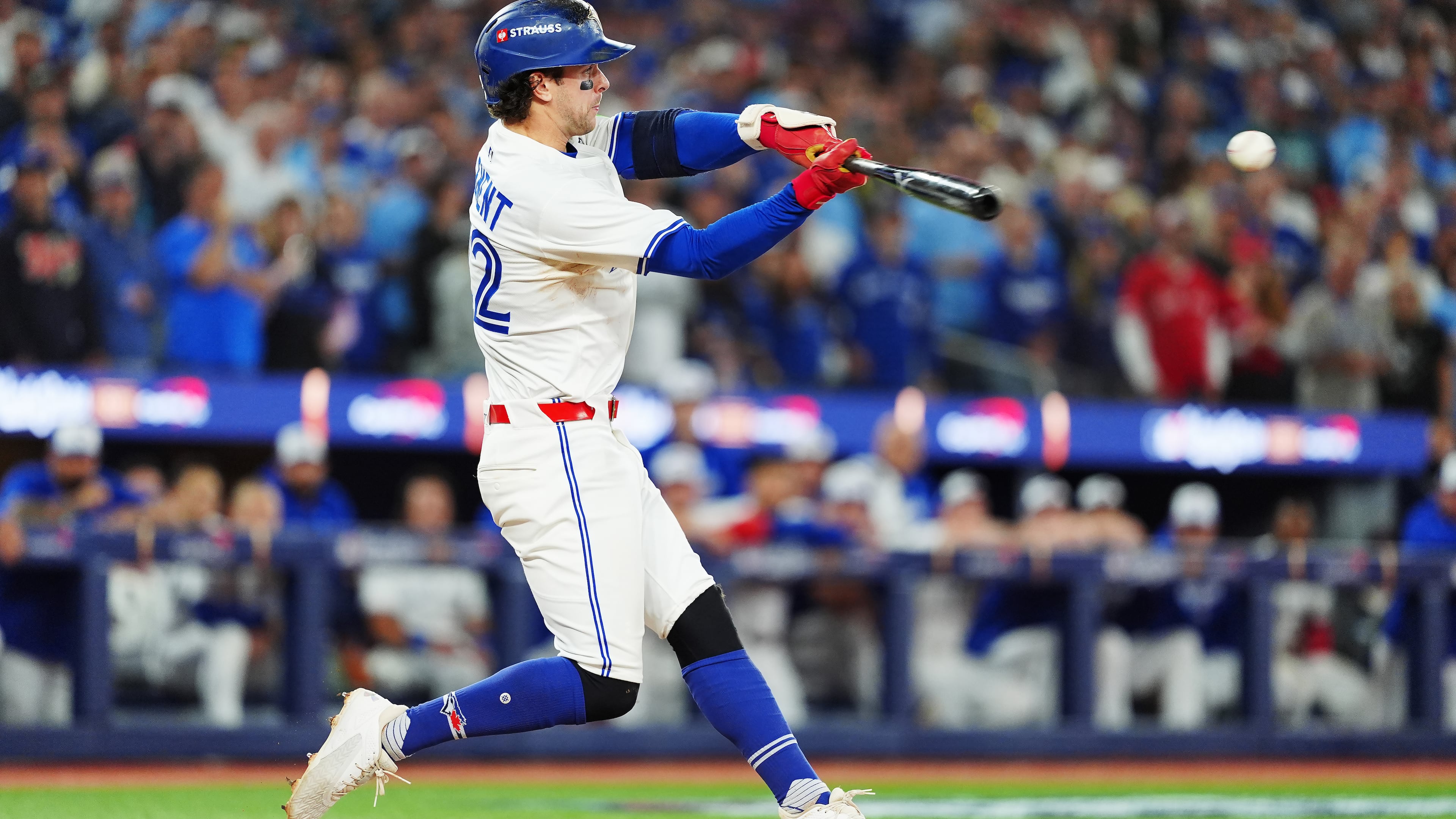 Toronto Blue Jays' Ernie Clement hits a double against the Los Angeles Dodgers during the eighth inning in Game 7 of baseball's World Series in Toronto on Saturday, Nov. 1, 2025. (Frank Gunn/The Canadian Press via AP)