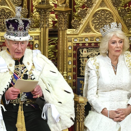Britain's King Charles III and Queen Camilla attend the state opening of Parliament at the Palace of Westminster in London, Wednesday, May 13, 2026. (Chris Jackson/Pool Photo via AP)
