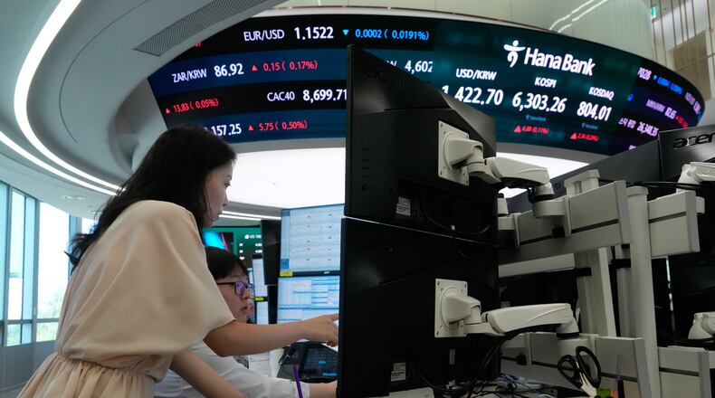 Currency traders watch monitors at the foreign exchange dealing room of the Hana Bank headquarters in Seoul, South Korea, Friday, Aug. 7, 2026. (AP Photo/Ahn Young-joon)