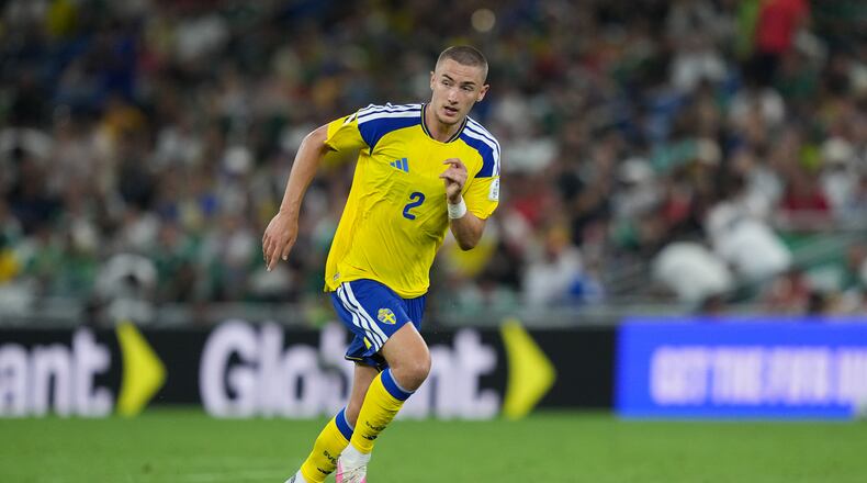 Sweden's Gustaf Lagerbielke (2) runs during the World Cup Group F soccer match between Sweden and Tunisia in Guadalupe, near Monterrey, Mexico, Sunday, June 14, 2026. (AP Photo/Moises Castillo)