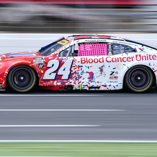 William Byron steers down he front stretch during a NASCAR Cup Series auto race at Charlotte Motor Speedway, Sunday, Oct. 5, 2025, in Concord, N.C. (AP Photo/Matt Kelley)