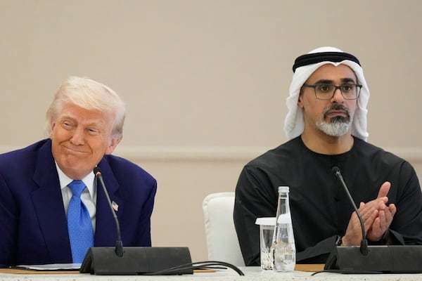 President Donald Trump and UAE President Mohammed bin Zayed Al Nahyan participate in a business roundtable at Qasr Al Watan, Friday, May 16, 2025, in Abu Dhabi, United Arab Emirates. (AP Photo/Alex Brandon)