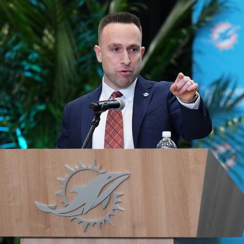 Miami Dolphins head coach Jeff Hafley speaks during a news conference at the teams NFL football training facility, Thursday, Jan. 22, 2026, in Miami Gardens, Fla. (AP Photo/Lynne Sladky)