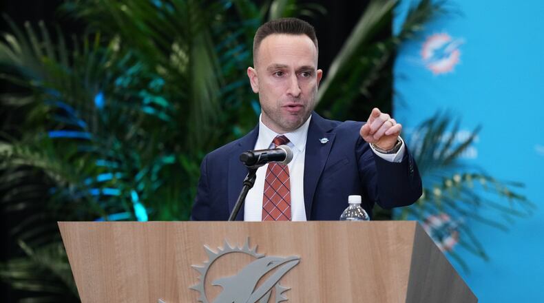 Miami Dolphins head coach Jeff Hafley speaks during a news conference at the teams NFL football training facility, Thursday, Jan. 22, 2026, in Miami Gardens, Fla. (AP Photo/Lynne Sladky)