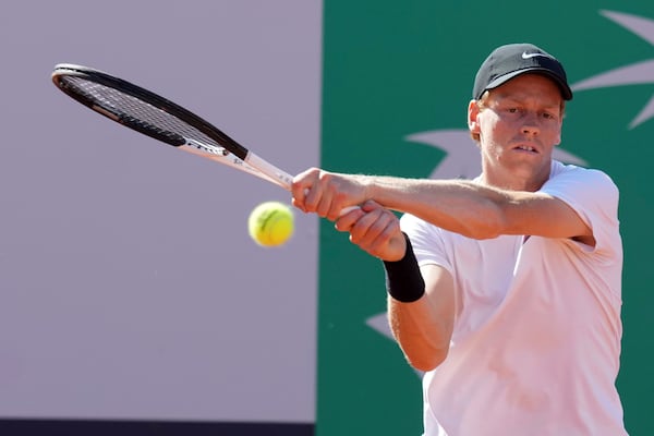Italy's Jannik Sinner hits a backhand during a training session with Italy's Lorenzo Sonego at the Foro Italico in Rome, Italy, May 6, 2025 (Alfredo Falcone/LaPresse via AP)