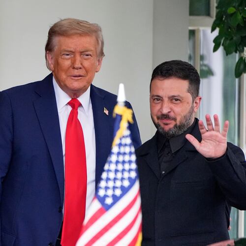 FILE - President Donald Trump, left, greets Ukraine's President Volodymyr Zelenskyy as he arrives at the White House, Aug. 18, 2025, in Washington. (AP Photo/Alex Brandon, File)