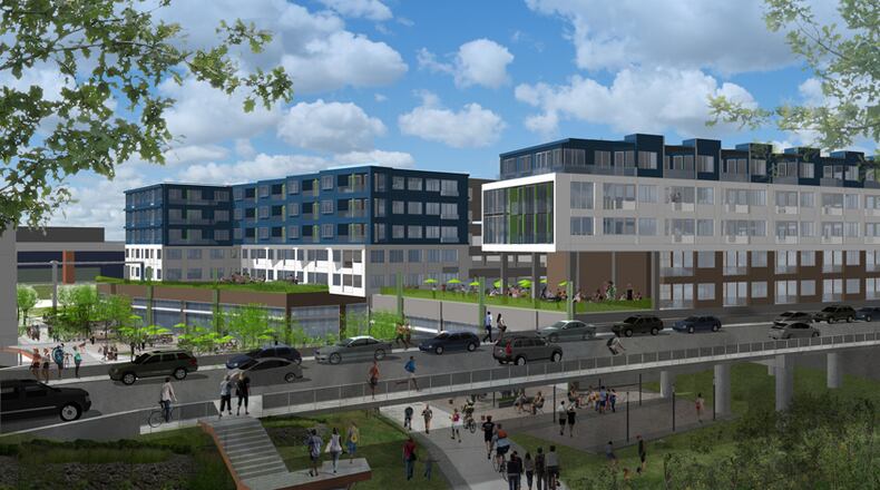 An $80 million mixed-use development with affordable housing is planned for a property on the Beltline. This rendering shows the view looking south from north of the Edgewood Avenue bridge.