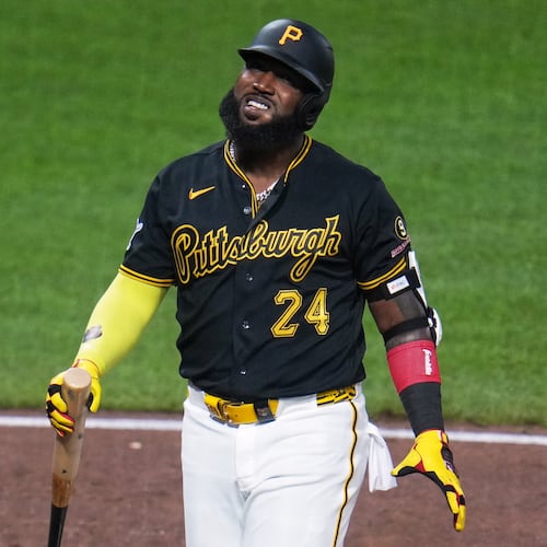 Pittsburgh Pirates' Marcell Ozuna collects himself after fouling off a pitch from Atlanta Braves pitcher Raisel Iglesias during the ninth inning of a baseball game in Pittsburgh, Wednesday, July 8, 2026. (AP Photo/Gene J. Puskar)