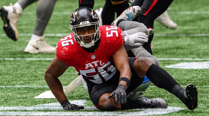 Falcons defensive end Dante Fowler Jr. (56) gets up after a tackle during the second half against the Lions, Sunday, Oct. 25, 2020, in Atlanta. Detroit won 23-22. (Danny Karnik/AP)