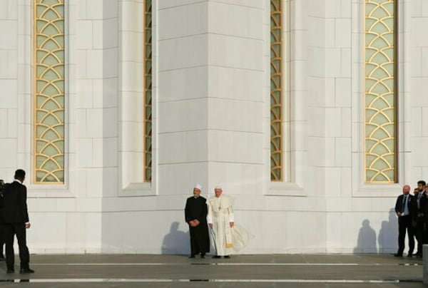 FILE - Pope Francis, right, and the Grand Imam of Al Azhar Ahmed el-Tayeb pose for a photo at the Sheikh Zayed Grand Mosque in Abu Dhabi, United Arab Emirates, Monday, Feb. 4, 2019. (AP Photo/Kamran Jebreili, File)