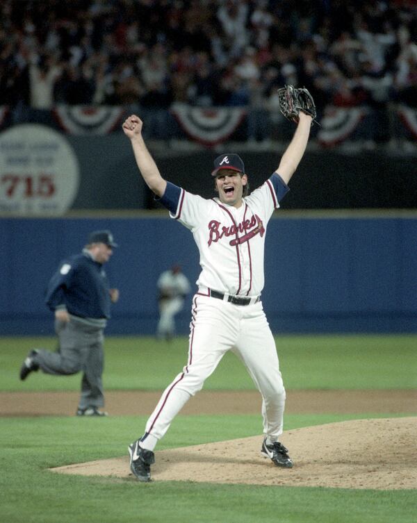OCTOBER 28, 1995 ATLANTA Mark Wohlers celebrates the championship after World Series Game Six, 1995 JONATHAN NEWTON/AJC STAFF