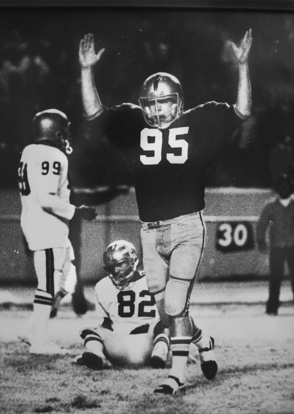 Lakeside's John Creviston celebrates after his game winning kick against Douglass High School in the north Georgia championship game in 1975. (AJC file)