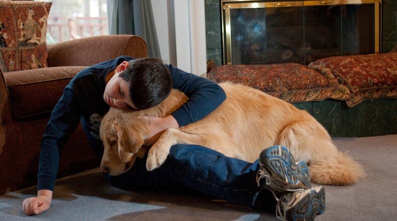 Iyal Winokur and Chancer share a tender moment. The golden retriever helped Iyal, who was born with fetal alcohol syndrome, manage his emotions and returned peace to his family. CONTRIBUTED BY BILL SIMMONS