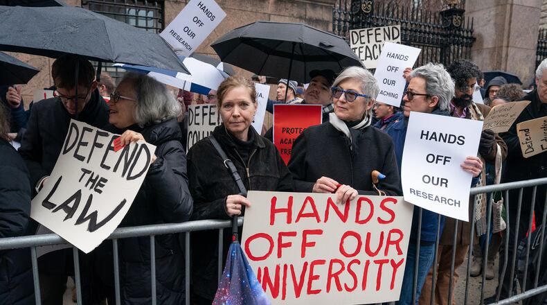 Columbia University students and faculty gather at Amsterdam Avenue and West 116th Street to protest the university’s concessions to President Donald Trump in New York City on Monday, March 24, 2025. (Barry Williams/New York Daily News/TNS)