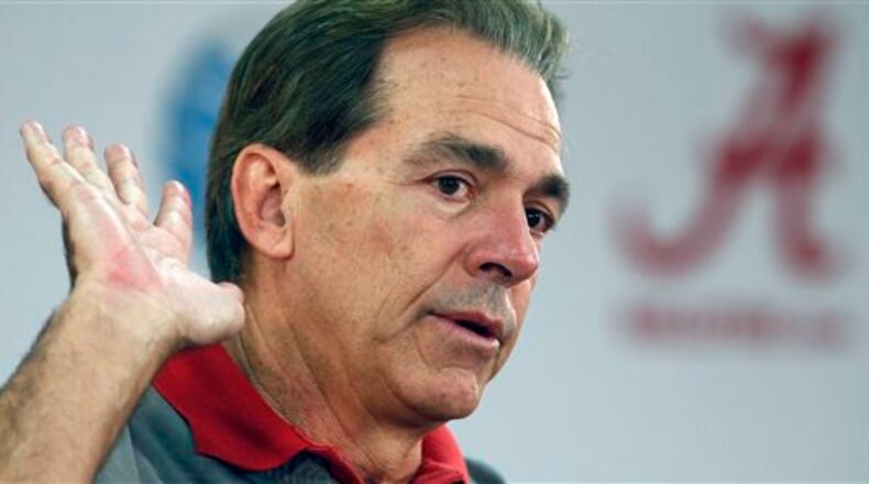 Alabama head coach Nick Saban speaks to the media in preparation for the Cotton Bowl NCAA college football game, Monday, Dec. 21, 2015, in Tuscaloosa, Ala. (AP Photo/Butch Dill)