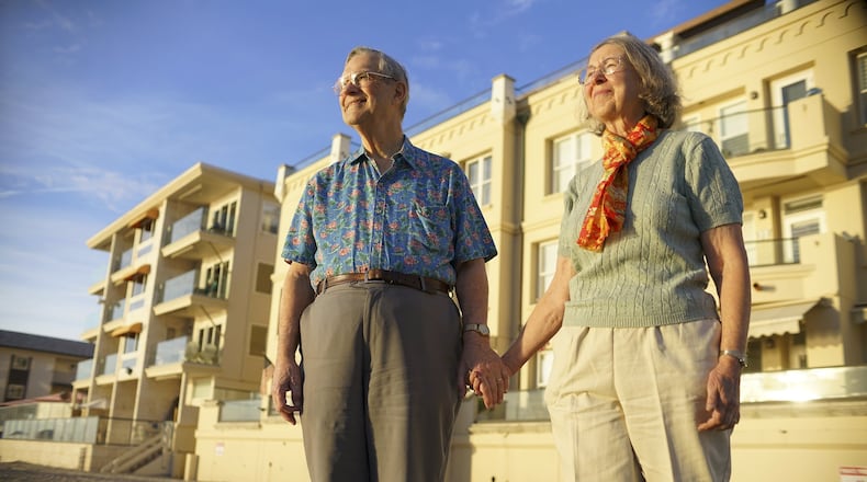 Jack and Valerie Cumming outside their apartment at the Carlsbad By The Sea Retirement Community in Carlsbad, Calif. In less than two decades, older adults are projected to outnumber children for the first time ever in U.S. history, according to new U.S. Census Bureau projections. (Sandy Huffaker/The New York Times)