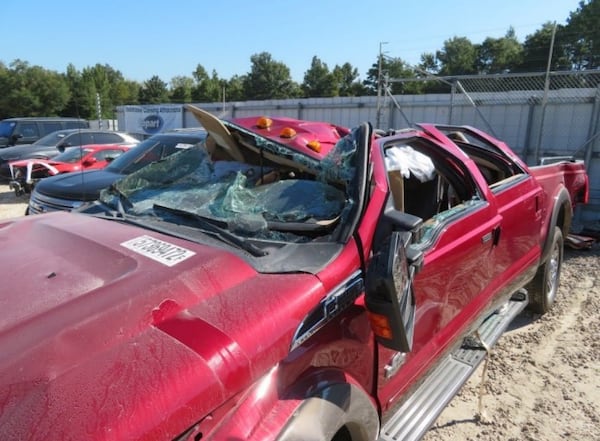 This court-filed image shows Debra and Herman Mills' 2015 Ford F-250 Super Duty truck after a fatal rollover crash in southwest Georgia in August 2022. The couple's children were awarded $2.5 billion at trial against Ford, which has just settled the case. (Courtesy)