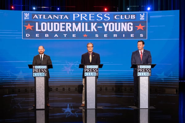 Candidates for Lieutenant Governor Charlie Bailey(R) Ryan Graham(L) and Burt Jones(R) participate in an election debate at the Georgia Public Broadcasting offices in Atlanta, Georgia, U.S. October 18, 2022. REUTERS/Dustin Chambers/Pool