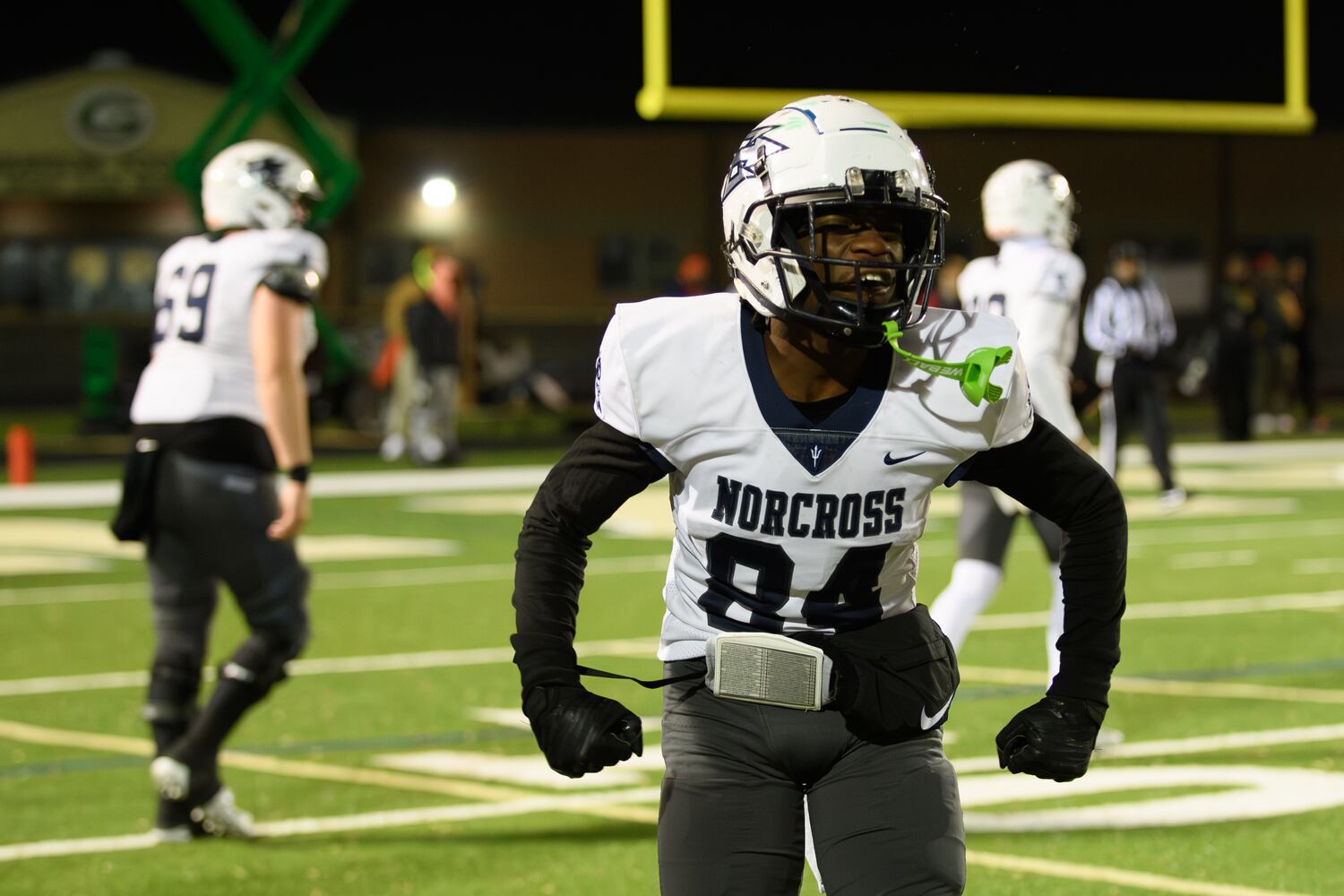 Isaac Raphael of Norcross celebrates after a touchdown catch against Grayson on Friday night. (Jamie Spaar for the Atlanta Journal Constitution)