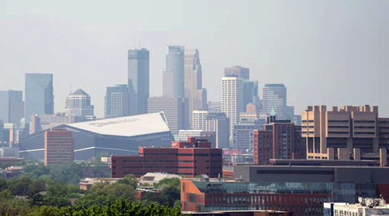 Smoke from Canadian wildfires lingers in the air over downtown Minneapolis on May 13. (Jerry Holt/Star Tribune/TNS)