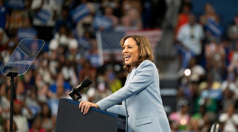 Vice President Kamala Harris, the presumptive Democratic nominee for president, speaks at a campaign rally in Atlanta on Tuesday, July 30, 2024. Harris challenged former President Donald Trump to commit to a presidential debate on Tuesday night during a raucous rally in Atlanta that featured some 10,000 attendees, celebrity appearances and another rare feature of Democrats’ rallies lately: fun. (Nicole Craine/The New York Times)