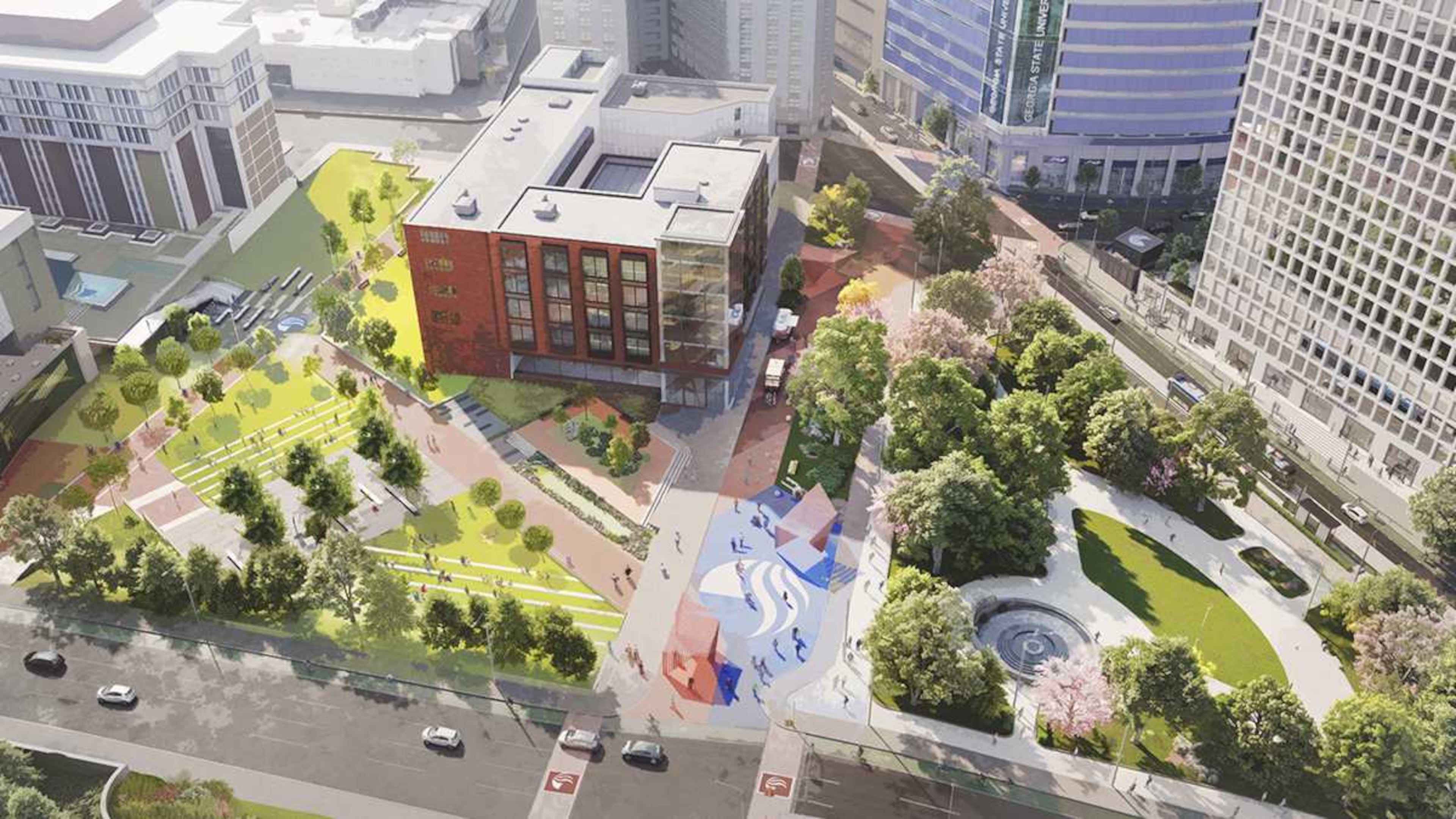 Georgia State University leaders envision a greenspace where students can gather along Gilmer Street. The plans include creating an enlarged “Panther Quad,” with greenspace, food trucks, cafés and study and relaxation areas. (Courtesy of Georgia State University)