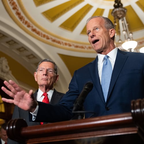 Senate Majority Leader John Thune, R-S.D., speaks to reporters following a weekly policy luncheon at the Capitol in Washington, Tuesday, July 21, 2026. (AP Photo/Allison Robbert)