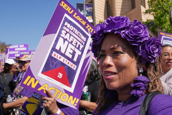 Los Angeles County workers rally to demand higher wages Tuesday, April 29, 2025, in Los Angeles. (AP Photo/Damian Dovarganes)