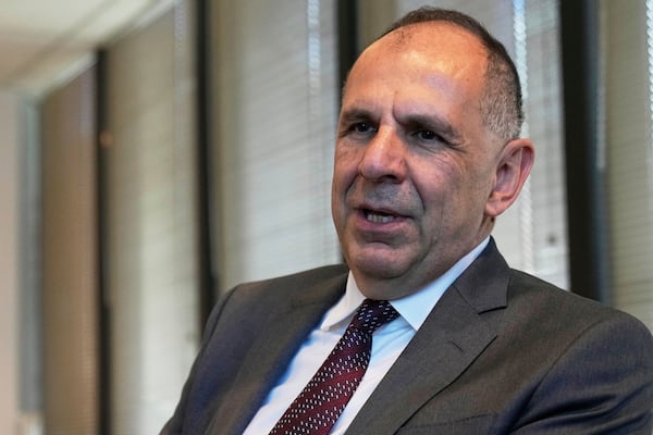Greece Foreign Minister Giorgos Gerapetritis responds to questions during an interview at the Permanent Mission of Greece to the United Nations, in New York, Monday, May 19, 2025. (AP Photo/Richard Drew)