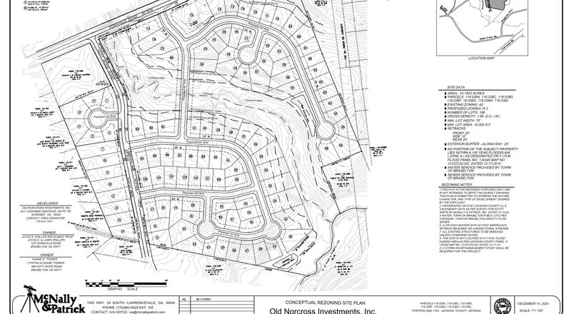 The Braselton Planning Commission will hold a public hearing on a proposal to create a 106-home subdivision fronting both Hoyt Wood Road and Ednavillle Road in Braselton. (Courtesy Town of Braselton)