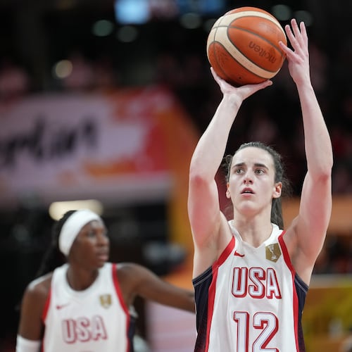 United States' Caitlin Clark shoots a free throw during the Women's Basketball World Cup match between China and the United States in Berlin, Friday, Sept. 4, 2026. (AP Photo/Ebrahim Noroozi)