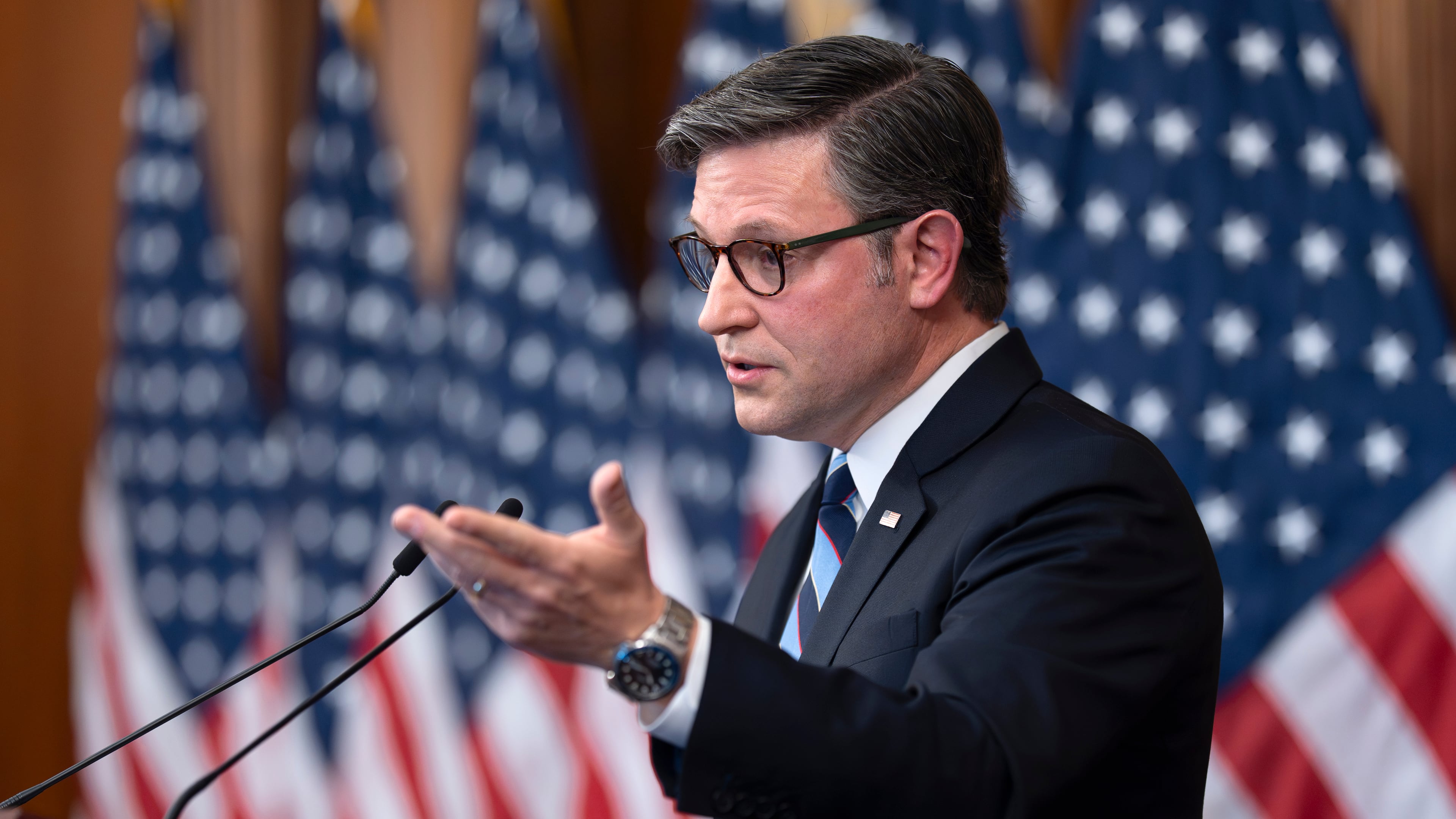 With his personal Bible on the lectern, Speaker of the House Mike Johnson, R-La., holds a news conference to mark the seventh day of the government shutdown, at the Capitol in Washington, Tuesday, Oct. 7, 2025. (AP Photo/J. Scott Applewhite)