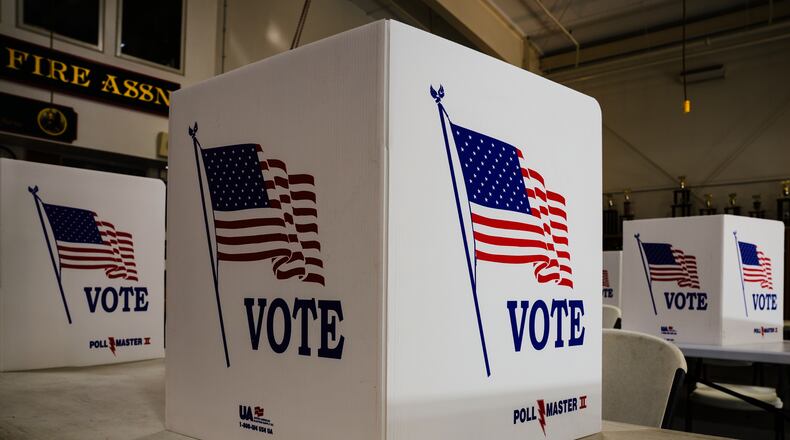 FILE - Voting booths are set up at a polling place in Newtown, Pa., Tuesday, April 23, 2024. (AP Photo/Matt Rourke, File)