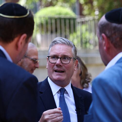Britain's Prime Minister Keir Starmer, center, hosts a reception with the Jewish community, to discuss efforts to tackle antisemitism, at Downing Street in London, England, Monday, July 13, 2026. (Suzanne Plunkett/Pool Photo via AP)