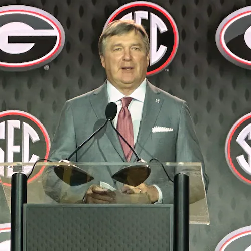 Georgia Head Coach Kirby Smart discusses upcoming football season at the SEC Media Days, Tuesday, July 21, 2026 in Tampa, Fla. (Hunter Dawkins/The Gazebo Gazette via AP)