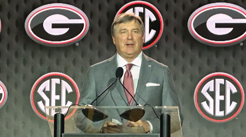 Georgia Head Coach Kirby Smart discusses upcoming football season at the SEC Media Days, Tuesday, July 21, 2026 in Tampa, Fla. (Hunter Dawkins/The Gazebo Gazette via AP)