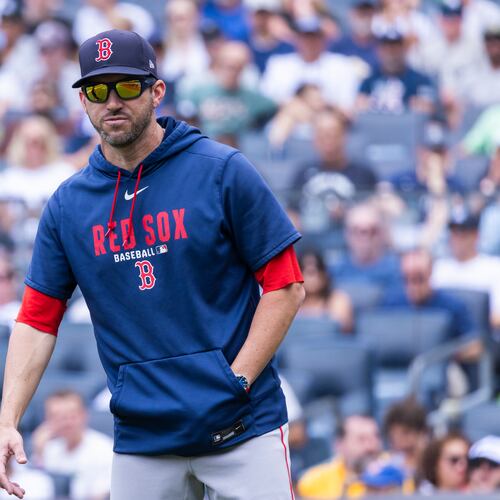 Boston Red Sox manager Chad Tracy looks on in the first inning during a baseball game against the Boston Red Sox, Sunday, Aug. 30, 2026, in New York. (AP Photo/Corey Sipkin)