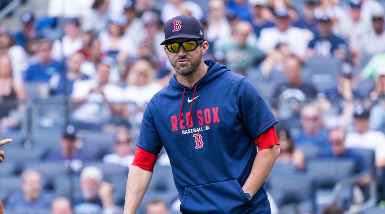 Boston Red Sox manager Chad Tracy looks on in the first inning during a baseball game against the Boston Red Sox, Sunday, Aug. 30, 2026, in New York. (AP Photo/Corey Sipkin)