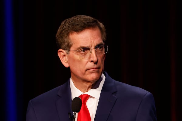 Republican candidate for governor Brad Raffensperger, Georgia’s secretary of state, speaks at the Atlanta Press Club Loudermilk-Young debates at Georgia Public Broadcasting on  Monday, April 27, 2026. (Arvin Temkar/AJC)