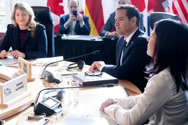Germany's Foreign Minister Annalena Baerbock, from right, U.S. Secretary of State Marco Rubio and Canada's Foreign Minister Melanie Joly attend the G7 foreign ministers meeting in La Malbaie, Quebec, Canada, Thursday, March 13, 2025. (Saul Loeb/Pool via AP)