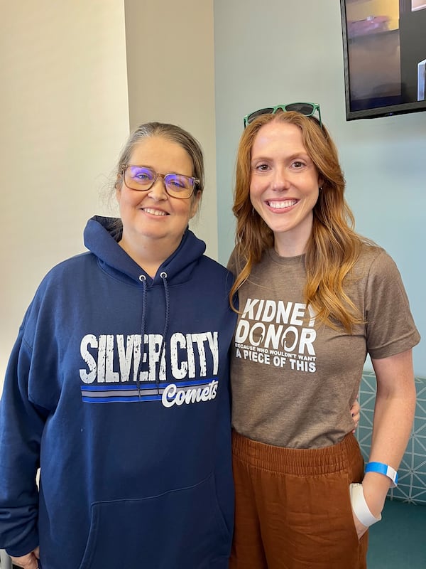Angela Cassandra, left, and Jennifer Lewis, right, on the morning in August of 2025, when Jennifer would donate her kidney to Angela. (Courtesy of Jennifer Lewis and family)